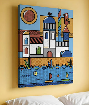 Bunte geometrische Küstendorf-Illustration mit Vögeln und Booten