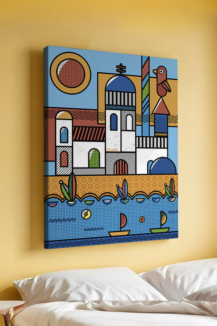 Bunte geometrische Küstendorf-Illustration mit Vögeln und Booten