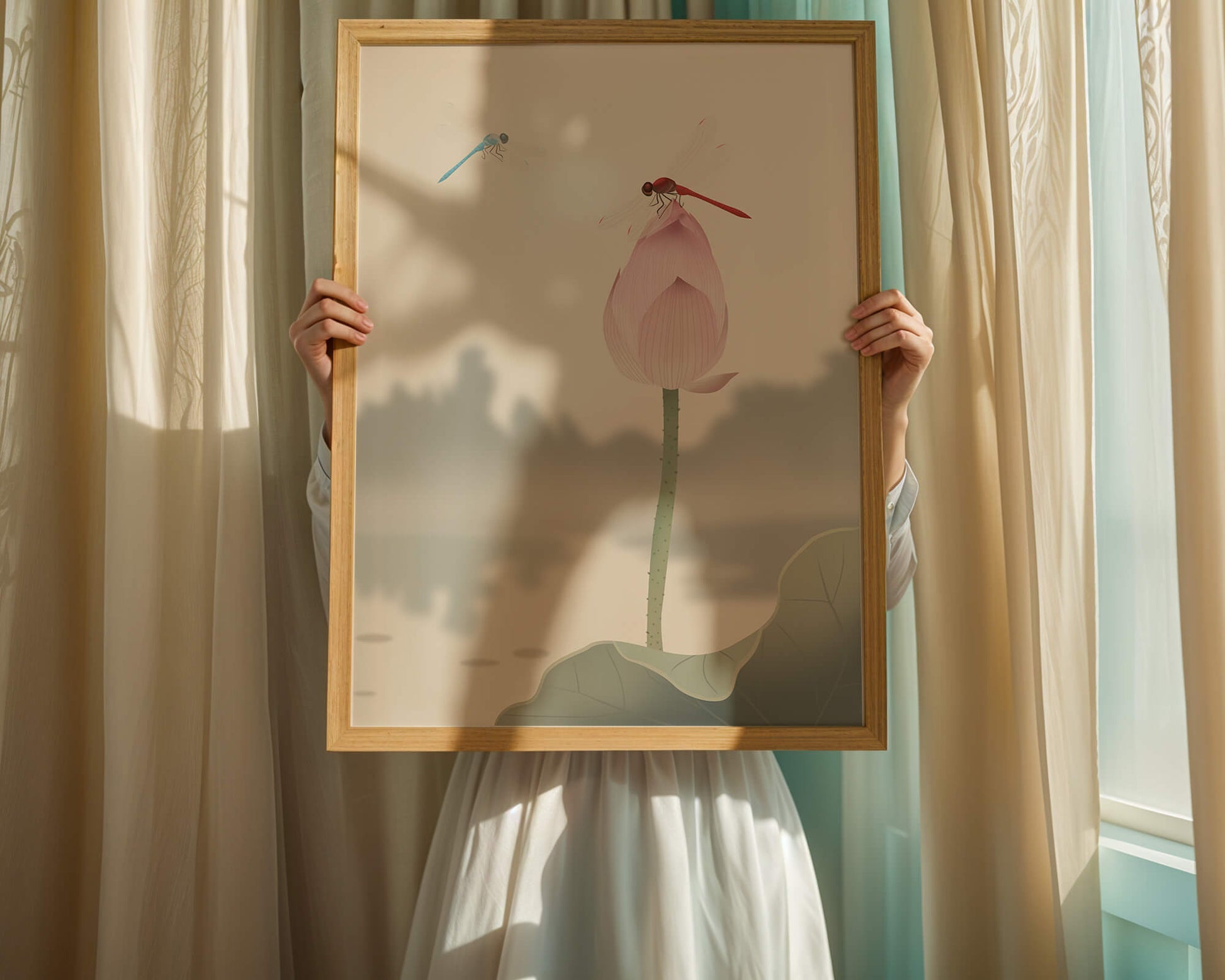 Libélulas sobre un capullo de loto con paisaje sereno