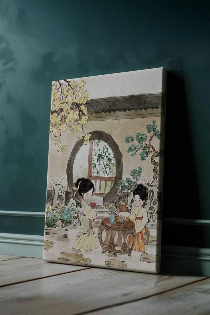 Serene traditional Chinese garden scene with women in elegant attire
