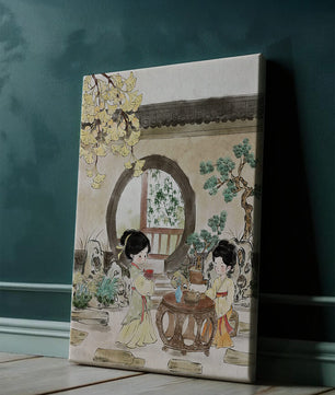 Scène sereine de jardin traditionnel chinois avec des femmes en tenue élégante