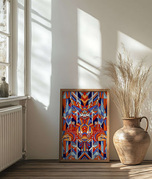 Arte tribal geométrico con colores vibrantes y patrones simétricos