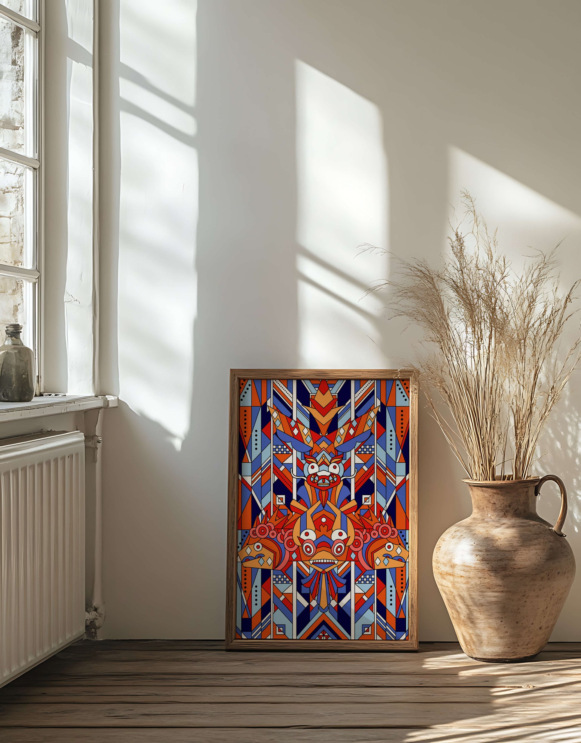 Arte tribal geométrico con colores vibrantes y patrones simétricos