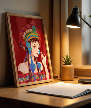 Traditional Asian art depicting stylized woman with ornate headdress