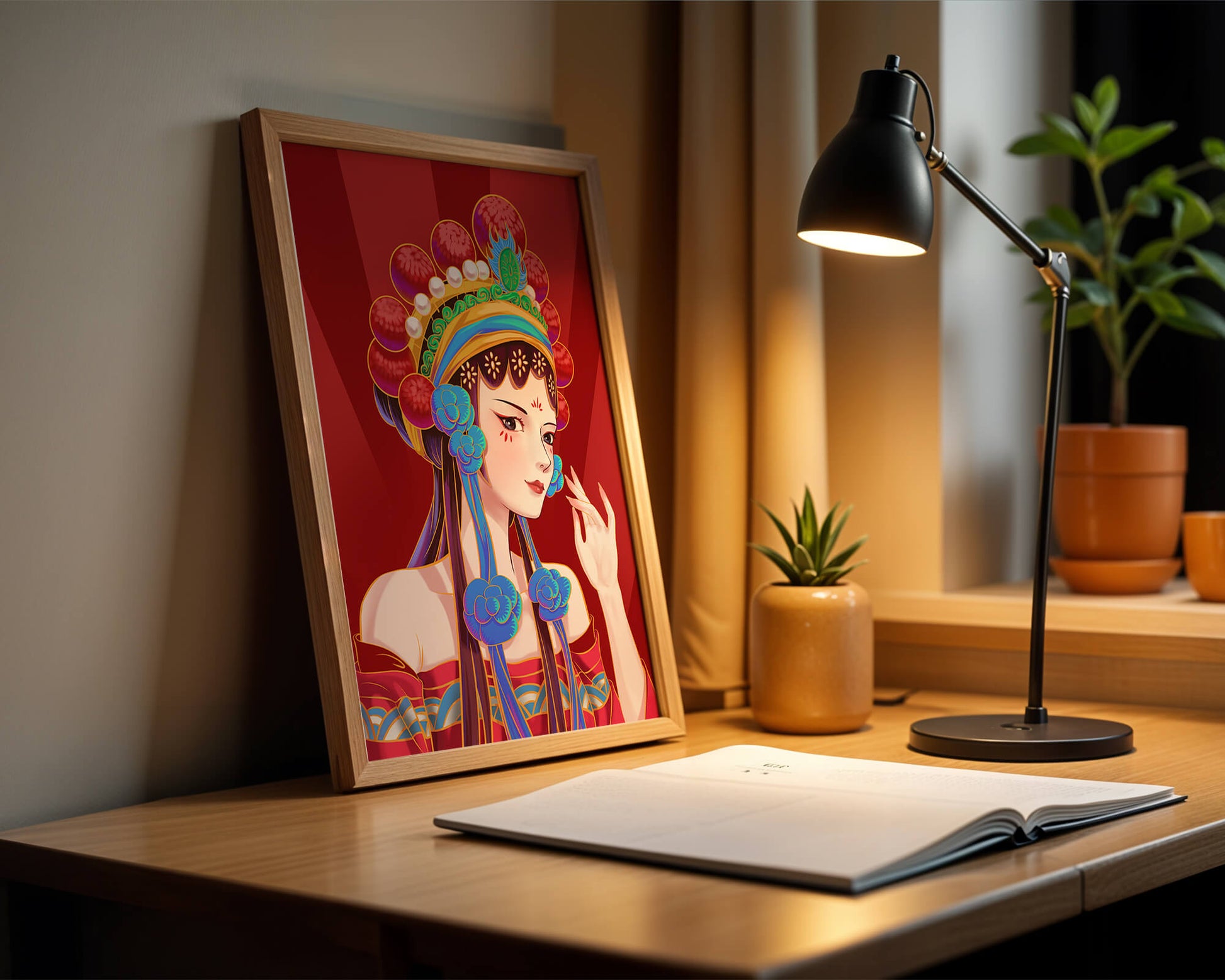 Traditional Asian art depicting stylized woman with ornate headdress