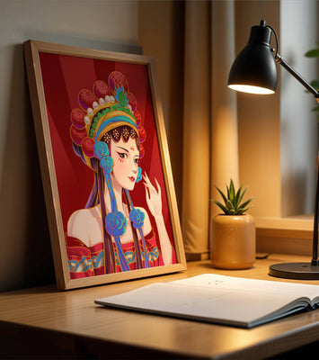 Traditional Asian art depicting stylized woman with ornate headdress