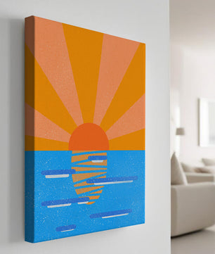 A vibrant sunrise illustration over the ocean with colorful rays