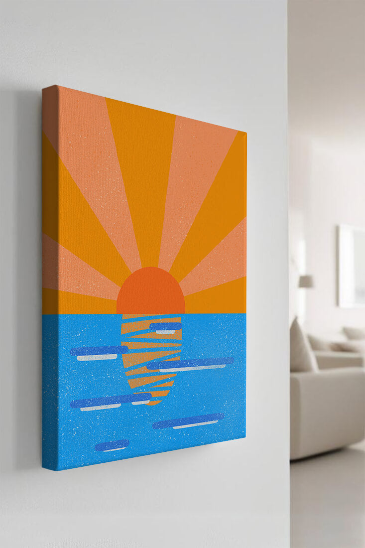 A vibrant sunrise illustration over the ocean with colorful rays