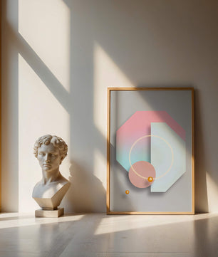 An abstract geometric art piece with pastel tones and golden accents