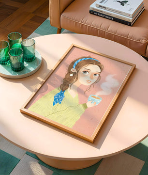 Illustration d'une fille avec un bandeau tenant une tasse fumante