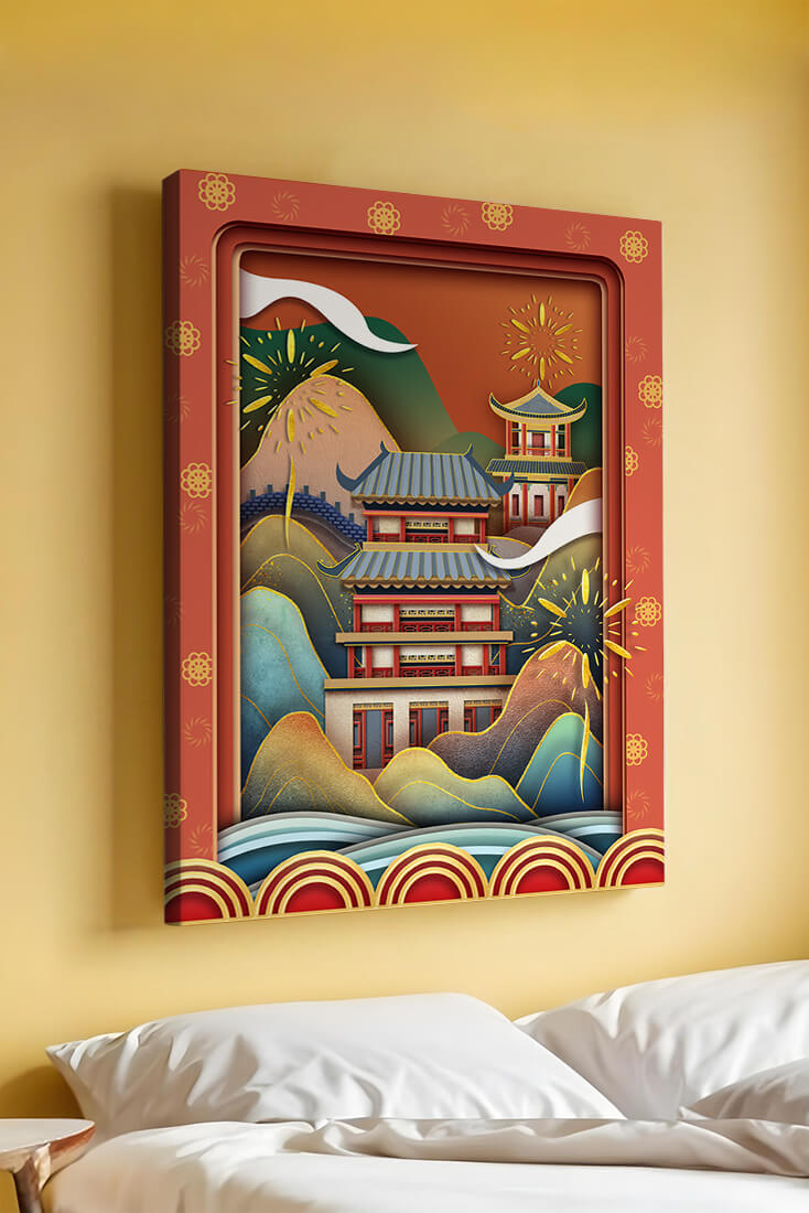 Traditional Asian architecture with fireworks and vibrant mountains