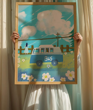 Ilustración escénica con autobús azul y prado en flor