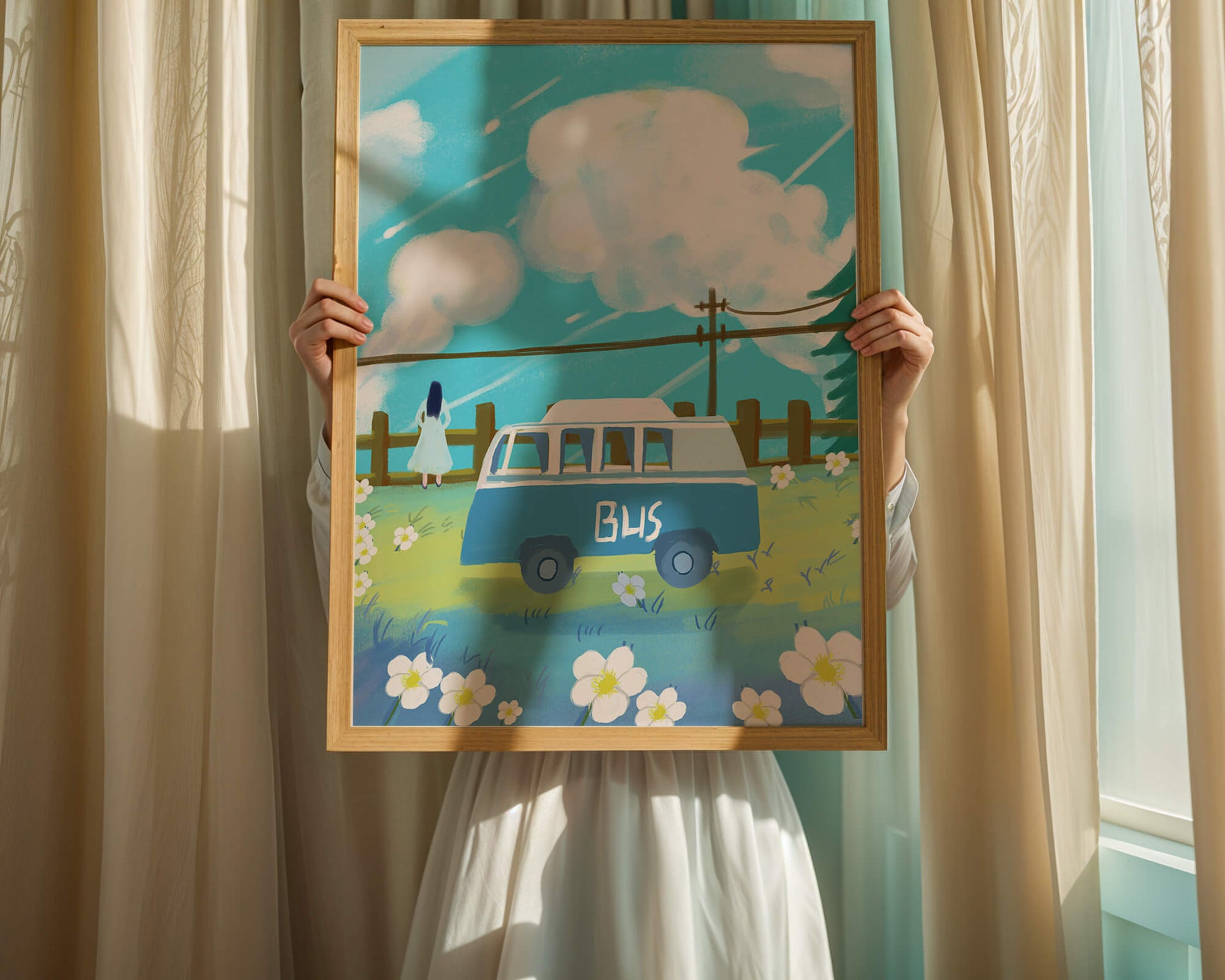 Ilustración escénica con autobús azul y prado en flor