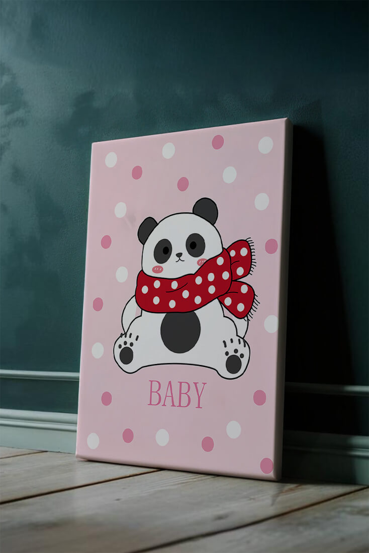 Cartoon panda with red scarf on pink polka dot background