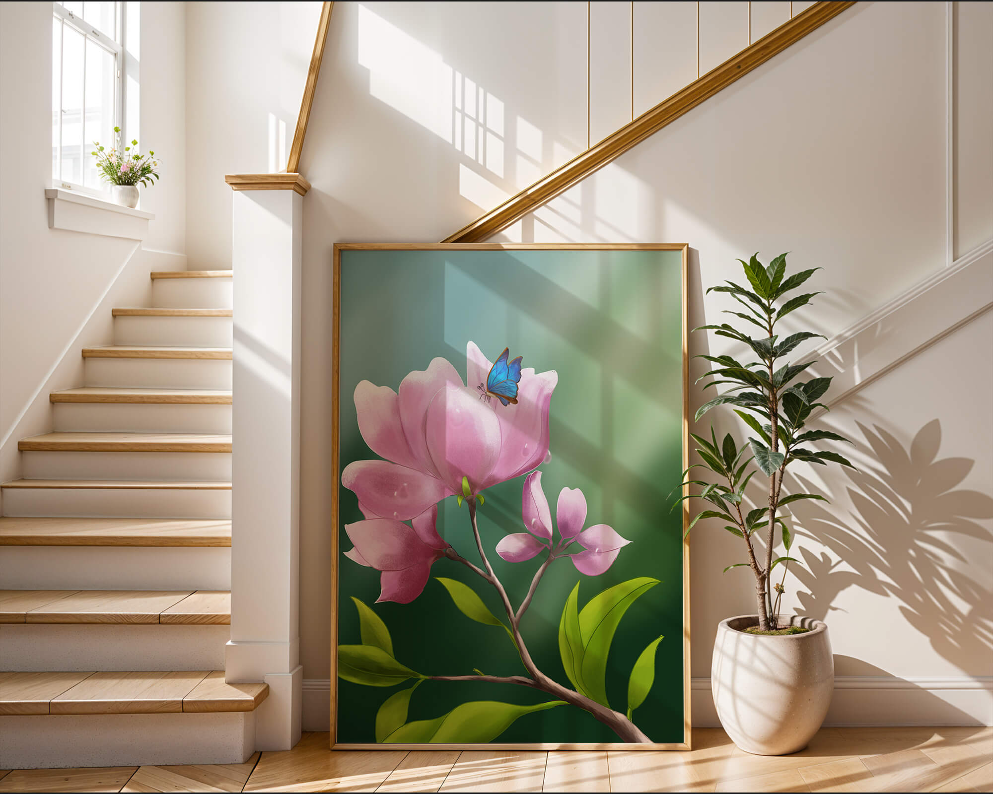 Delicate pink flower with a vibrant blue butterfly in a serene garden setting