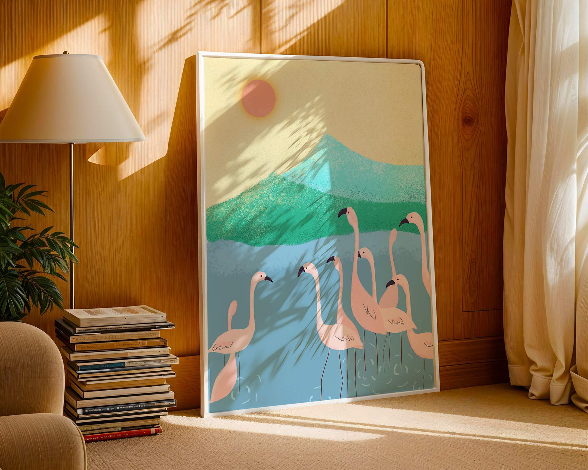 Friedliche Szene mit Flamingos in einer ruhigen Landschaft mit Bergen und Sonnenuntergang