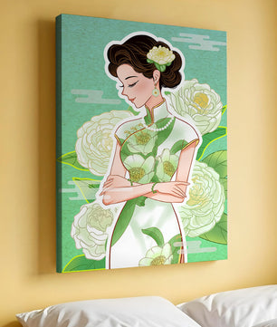 Mujer elegante en vestido tradicional floral con expresión serena