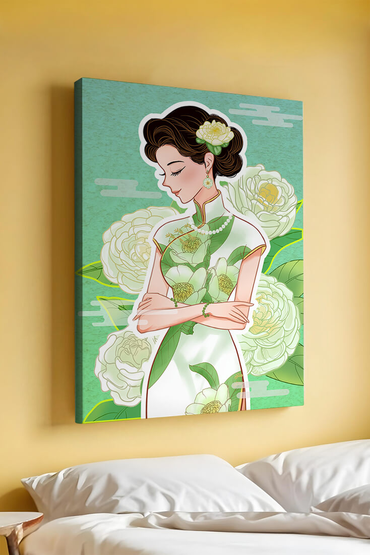 Mujer elegante en vestido tradicional floral con expresión serena