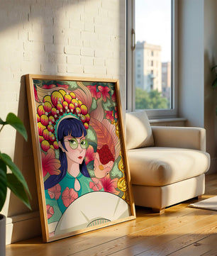 Illustration colorée d’une femme avec une coiffe florale et un fond de poissons