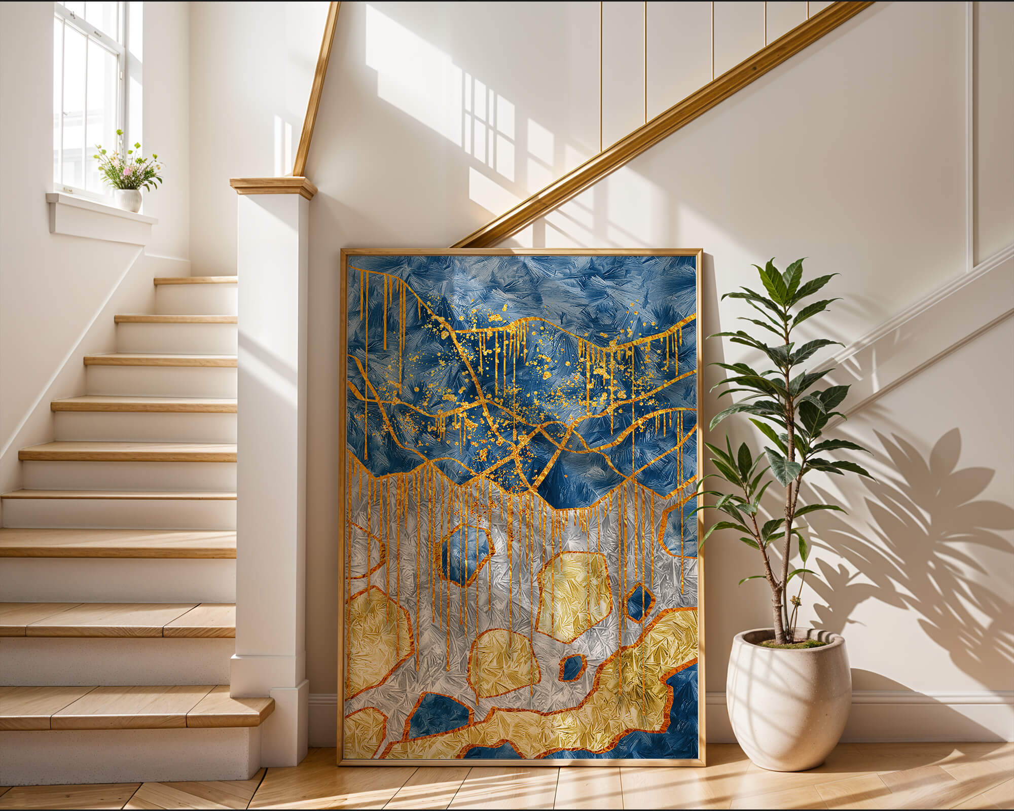 Abstract gold and blue textured art with dynamic splashes of color