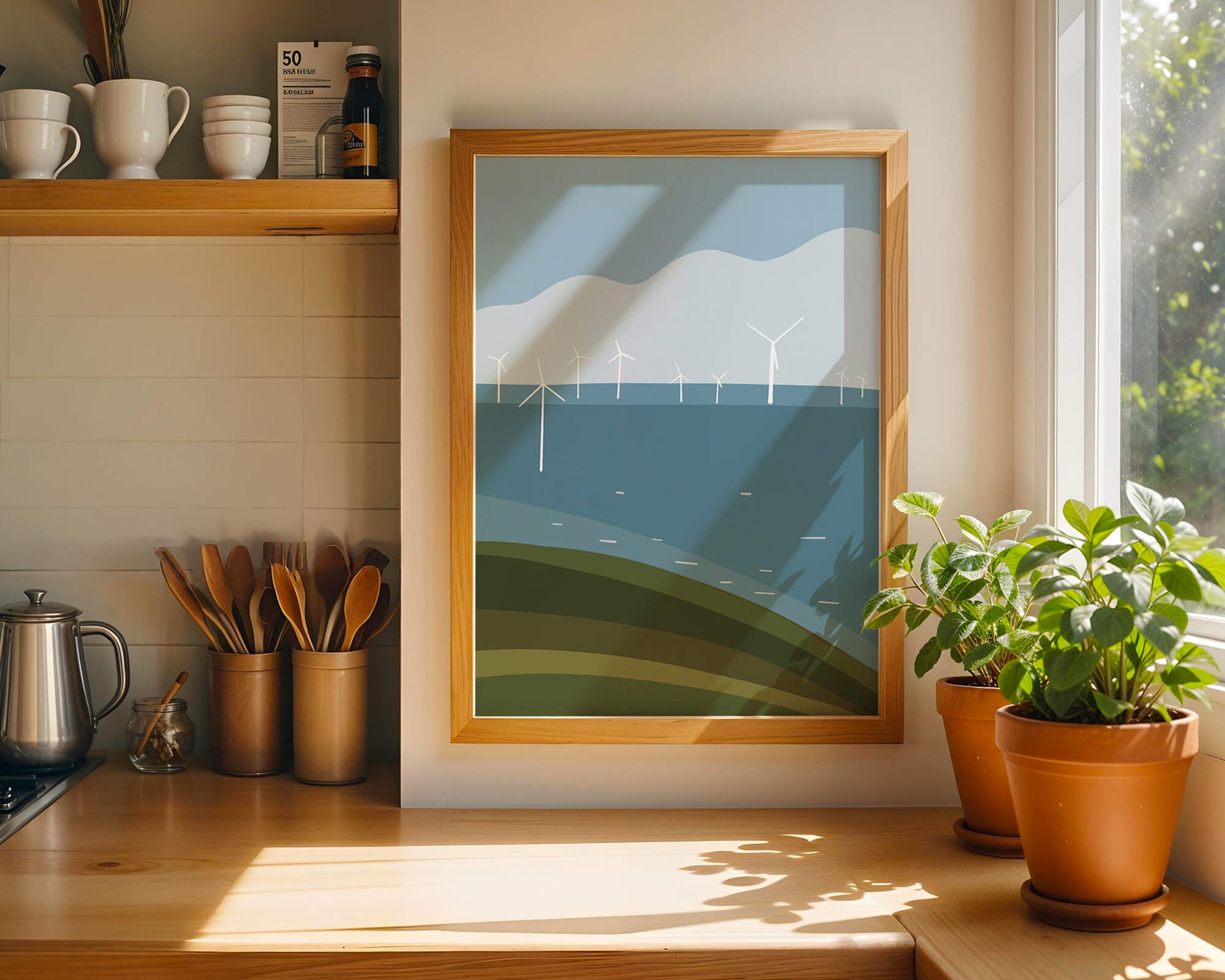 Wind Turbines on Rolling Hills Against a Clear Blue Sky