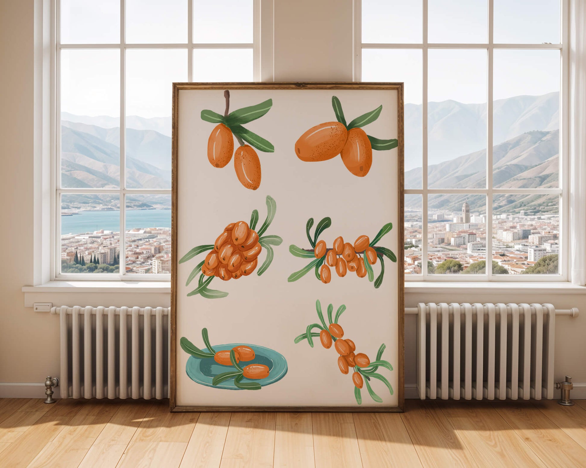 Illustrated sea buckthorn berries with leaves on black background