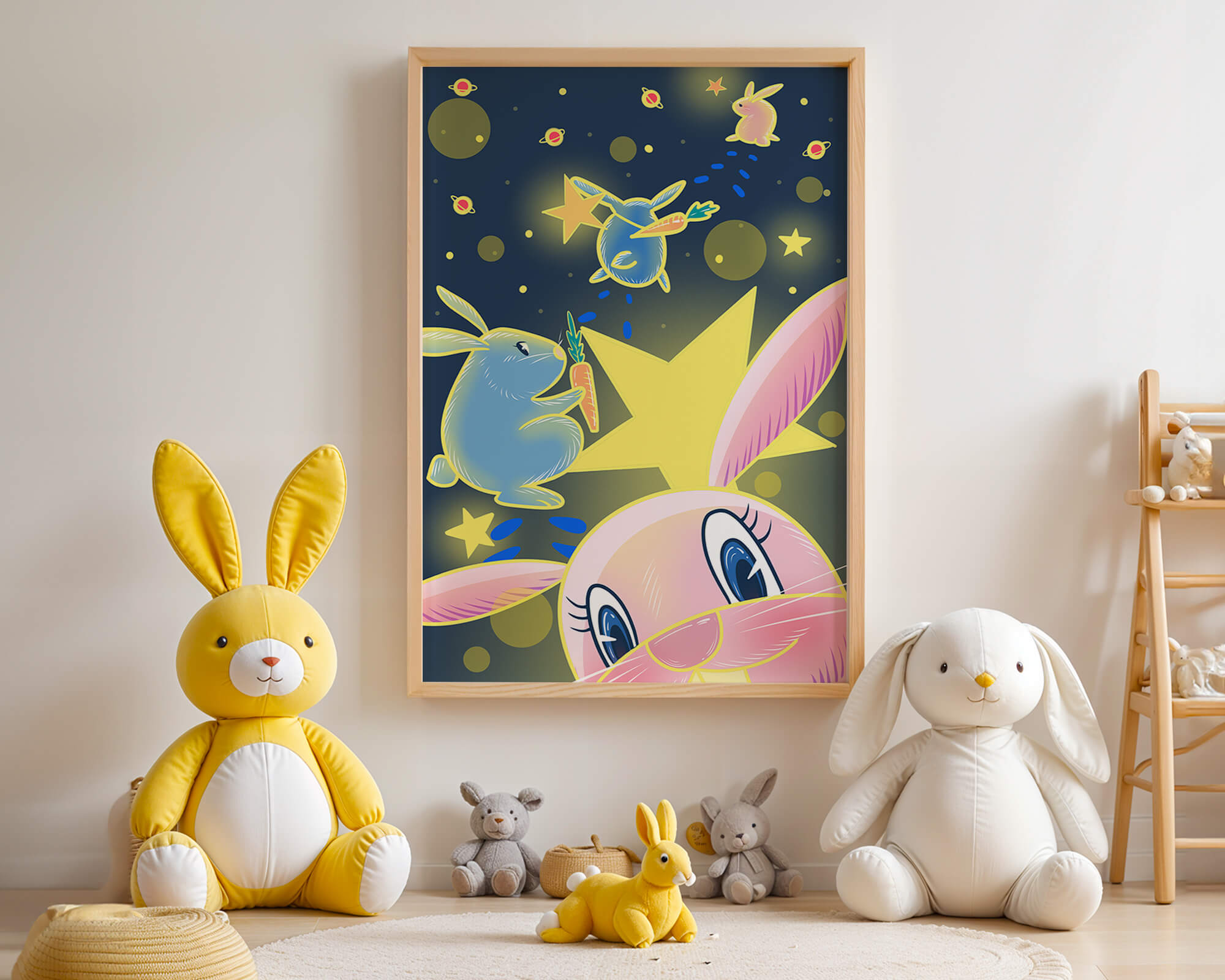Playful bunnies with carrots and stars in a whimsical space scene