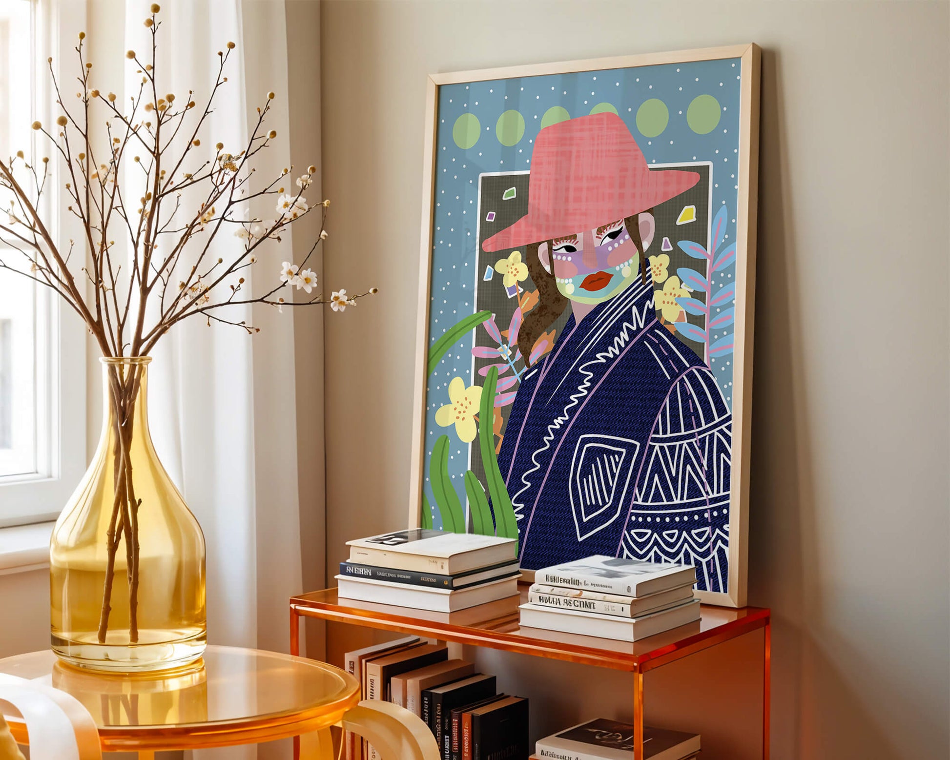 Retrato colorido con patrones y elementos abstractos