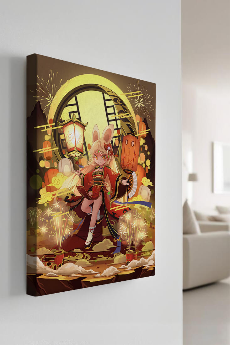 Festive celebration with a lantern-carrying character amidst fireworks and moonlight