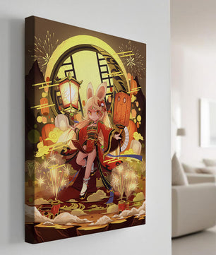 Festive celebration with a lantern-carrying character amidst fireworks and moonlight