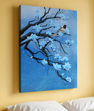 Blue Blossoms on Branch with Bird in Winter Scene