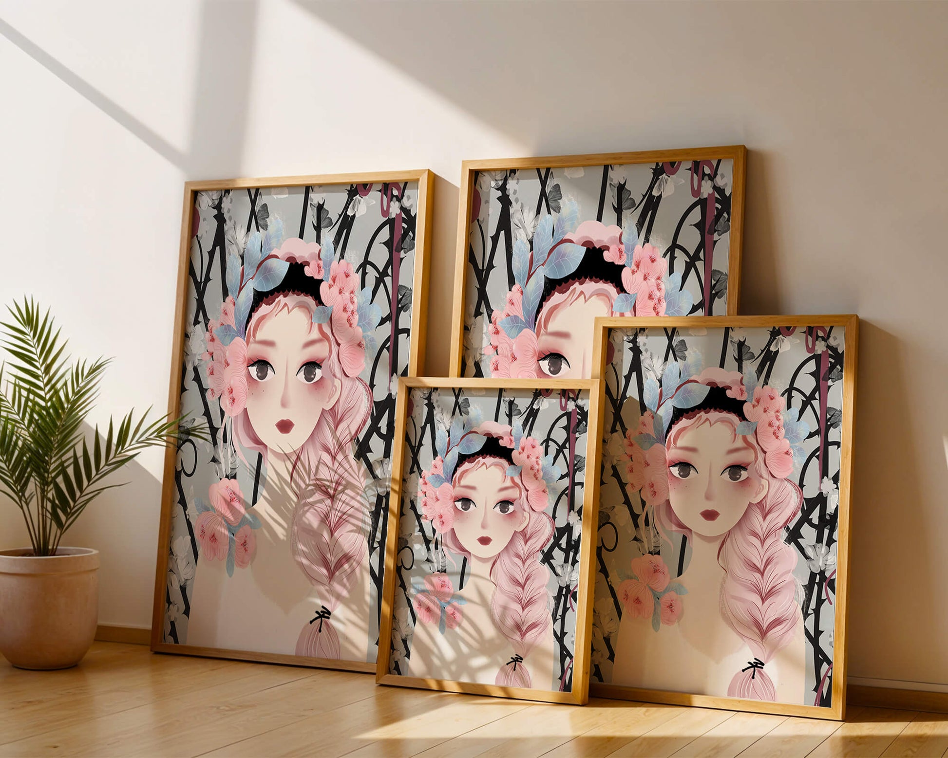 Whimsical illustration of a girl with pink hair and floral crown