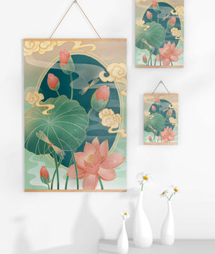 Ruhiges orientalisches Lotus-Design mit Libellen und Wolken