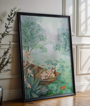 Serene Pond with Wooden Boat and Bridge Under Misty Sky - Mi tienda