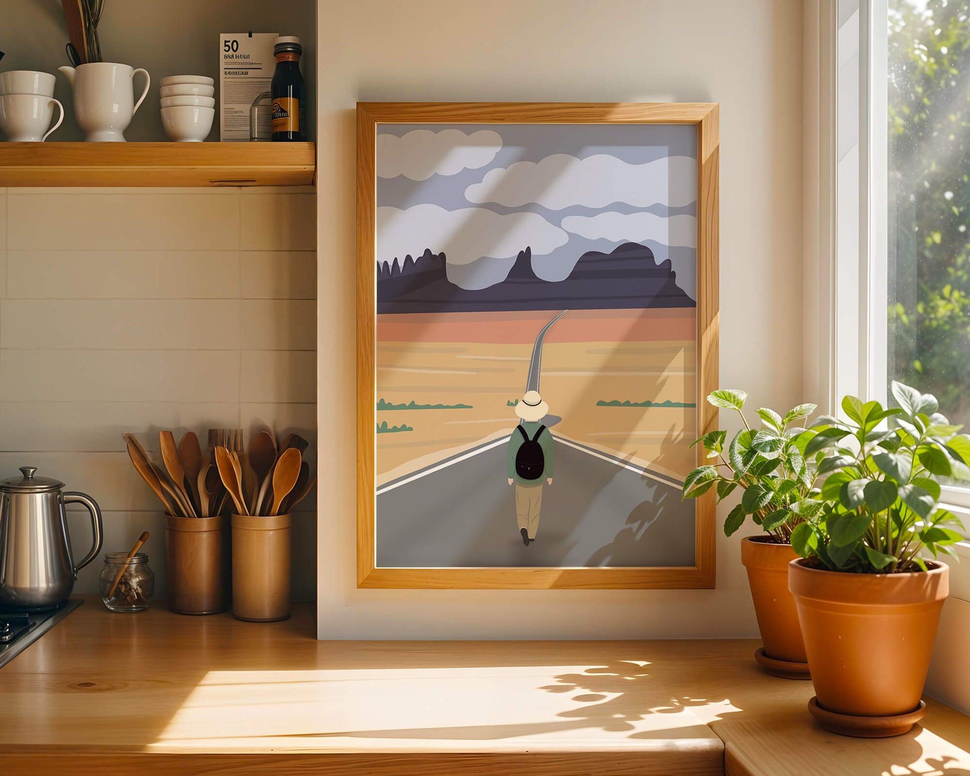 Traveler Walking on Endless Road Toward Mountains