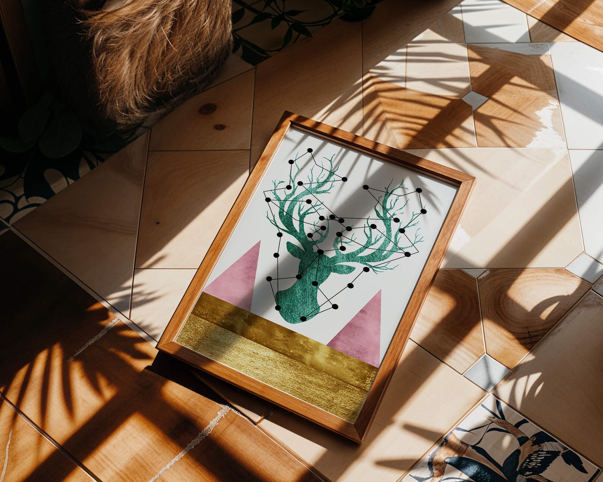 Geometric Deer with Abstract Elements and Gold Accents