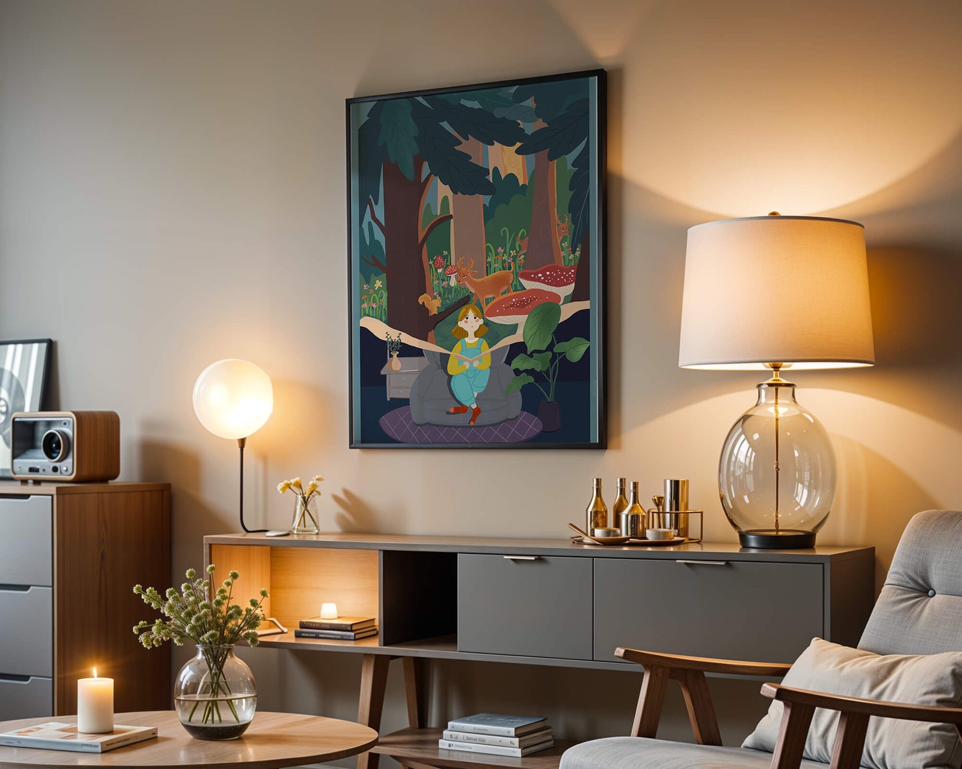 Figura femenina pacífica con criaturas del bosque y vegetación verde exuberante