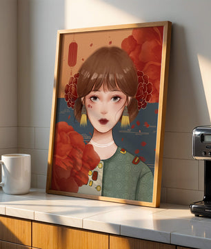Digital art of a girl with floral and lantern elements