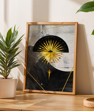 Abstract cosmic design featuring golden sunburst and celestial elements