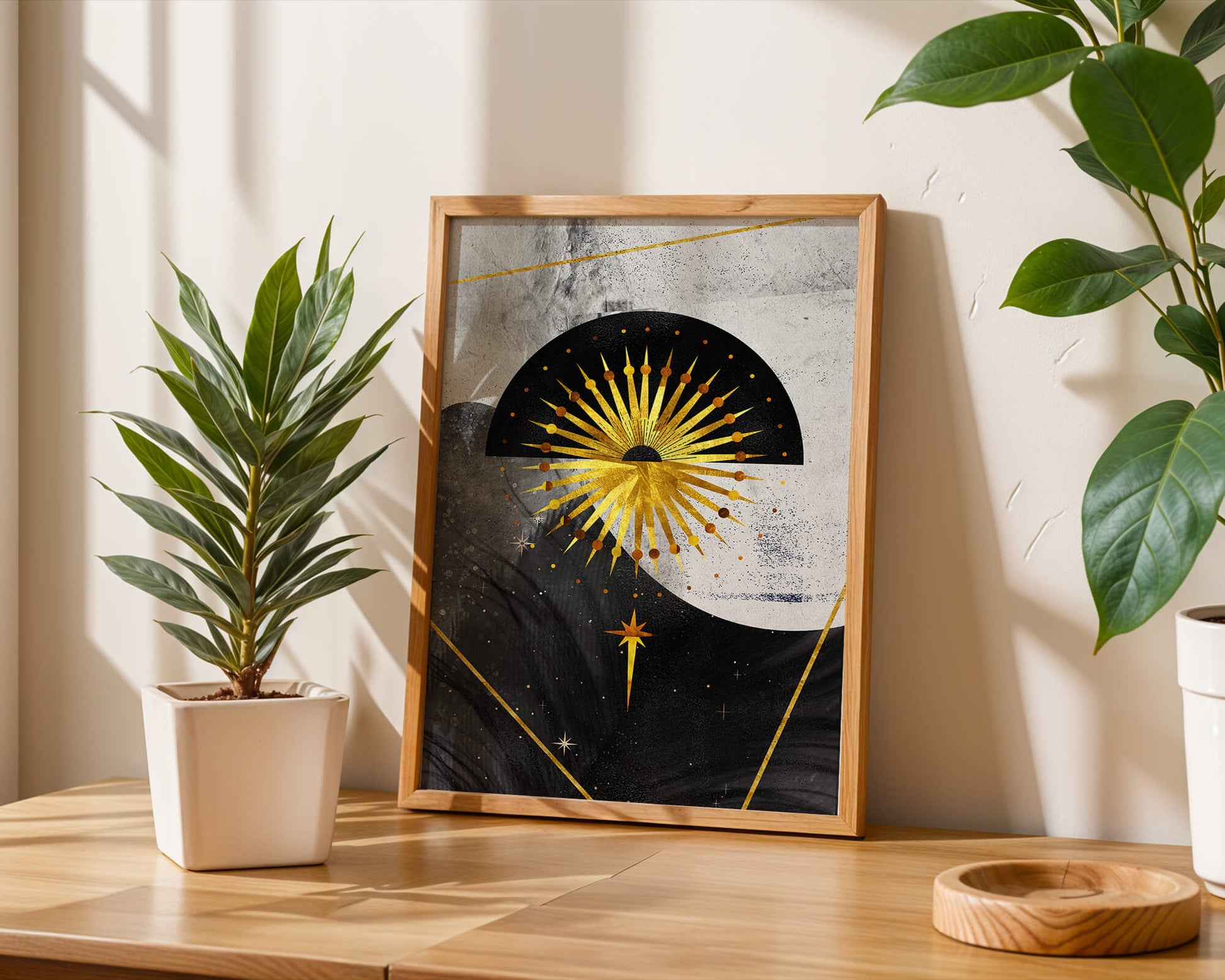 Abstract cosmic design featuring golden sunburst and celestial elements