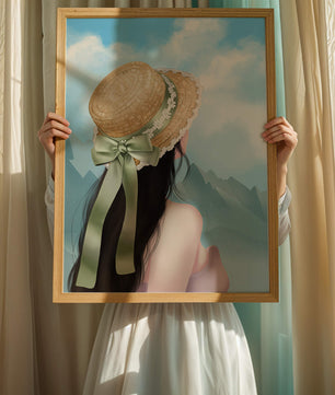 Woman with straw hat and mountain view under blue sky