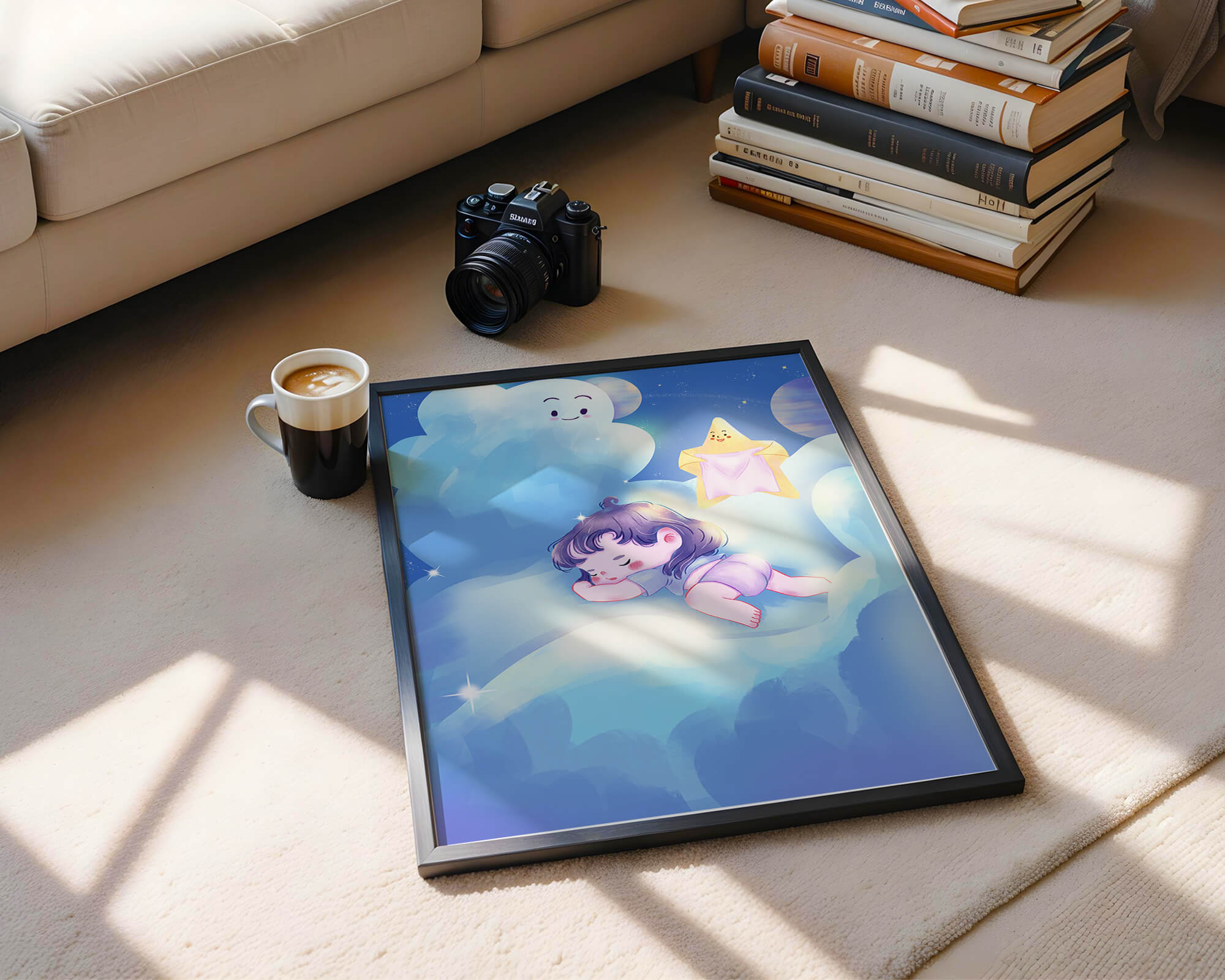 Dreamy illustration of sleeping child on clouds with smiling cloud and star