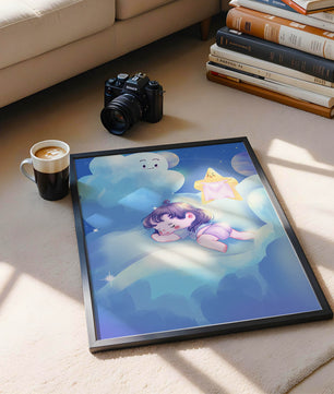 Dreamy illustration of sleeping child on clouds with smiling cloud and star