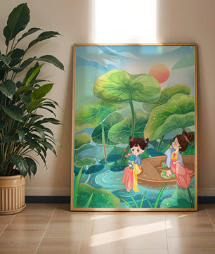 Charming illustration of children on a boat in a lush lotus pond