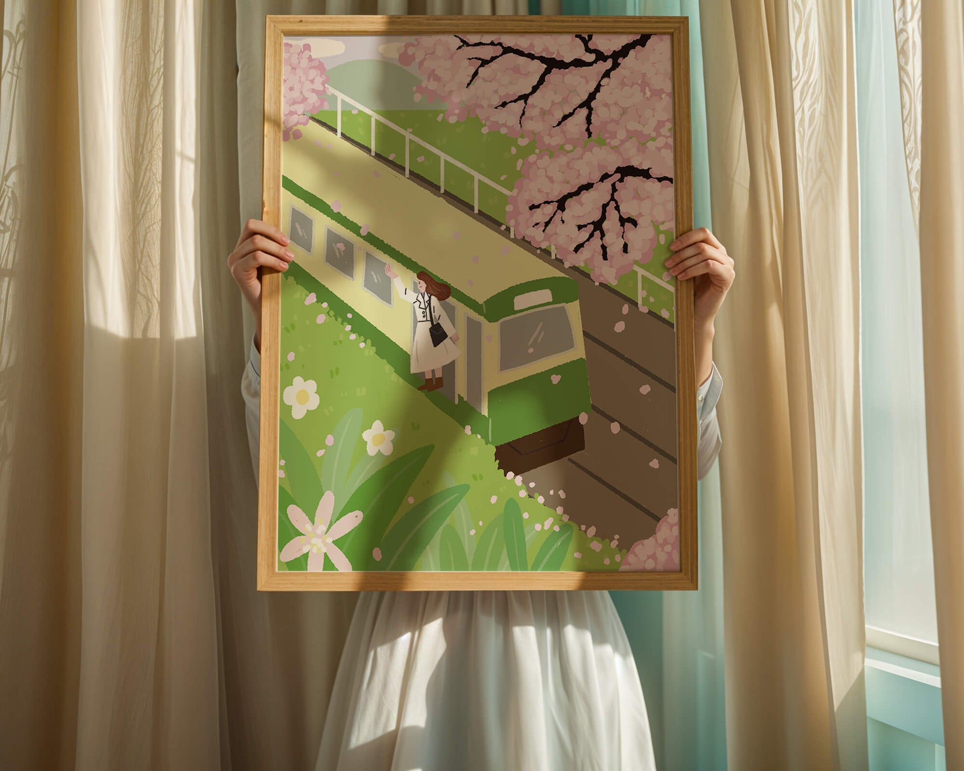 Cherry Blossoms and Train Scene in Spring Landscape