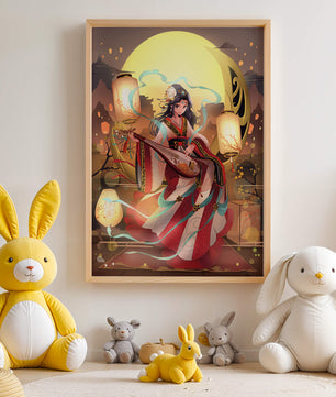 Traditional Asian woman playing musical instrument under moonlight