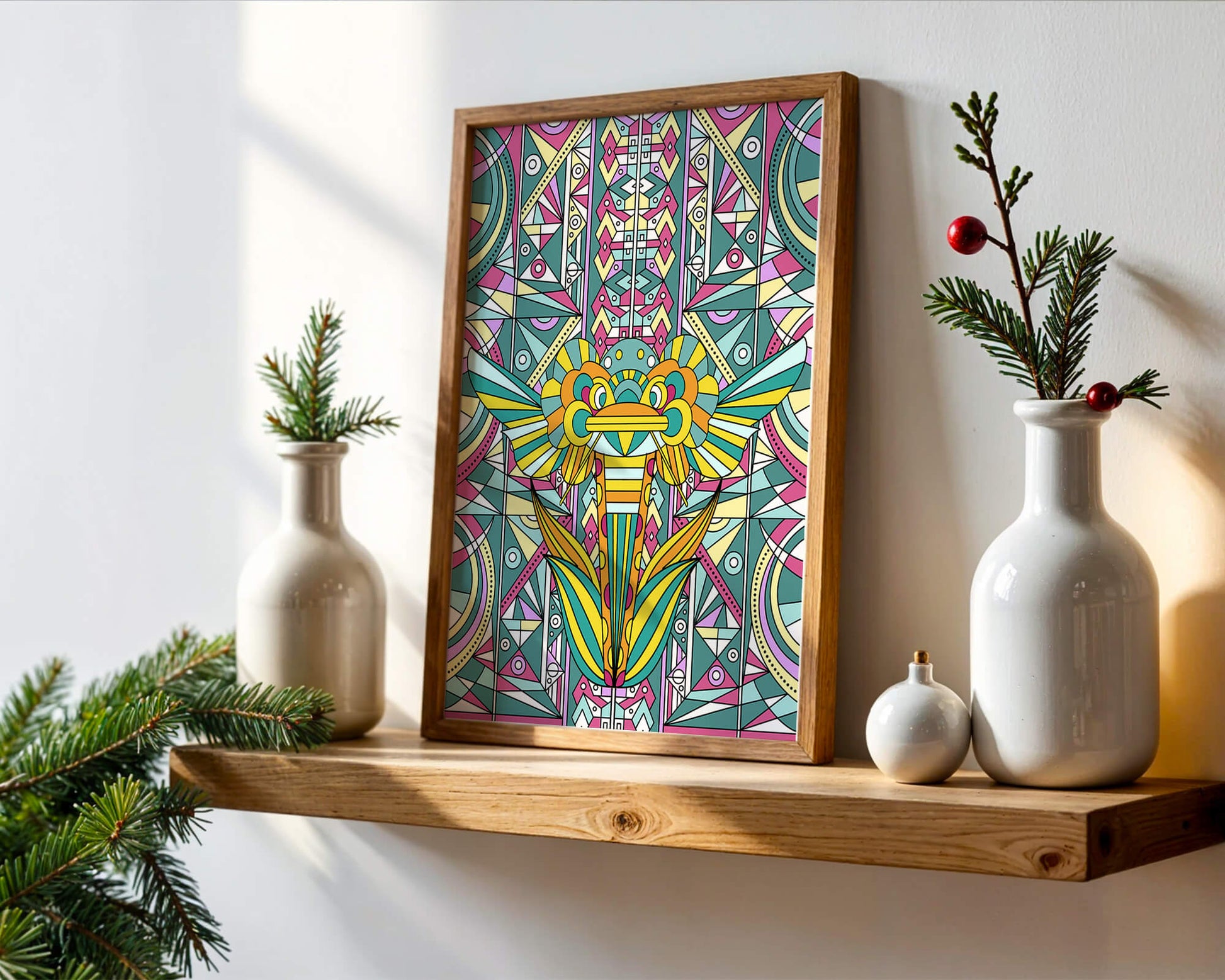 Elefante geométrico colorido con patrones abstractos