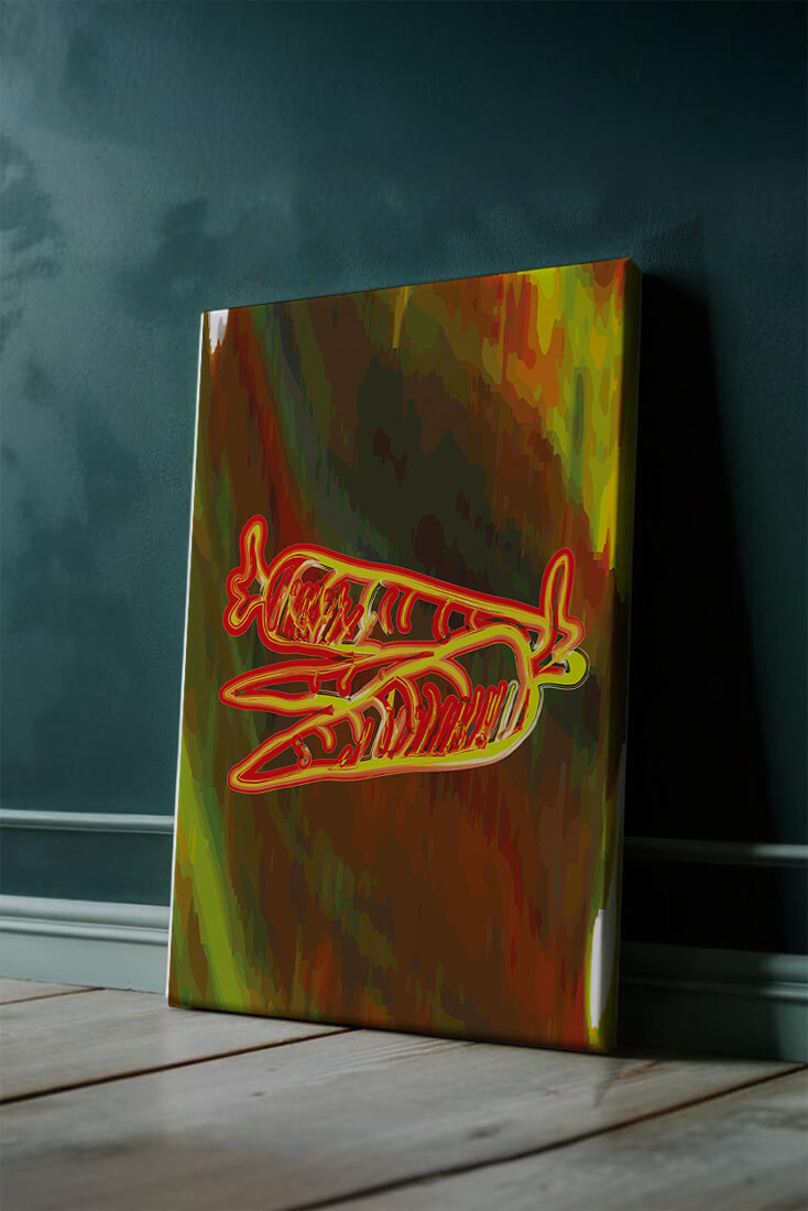 Abstract art featuring neon carrots on a colorful background
