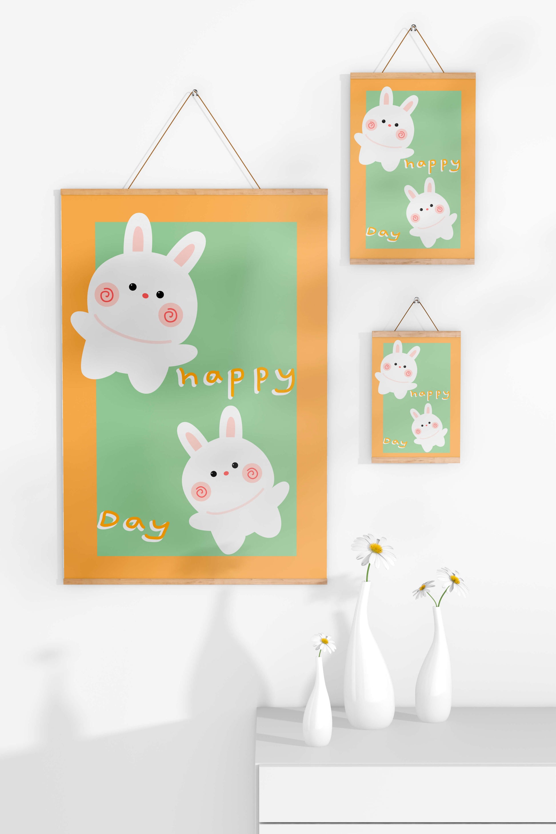 Conejos de dibujos animados juguetones con mensaje de día feliz sobre fondo colorido
