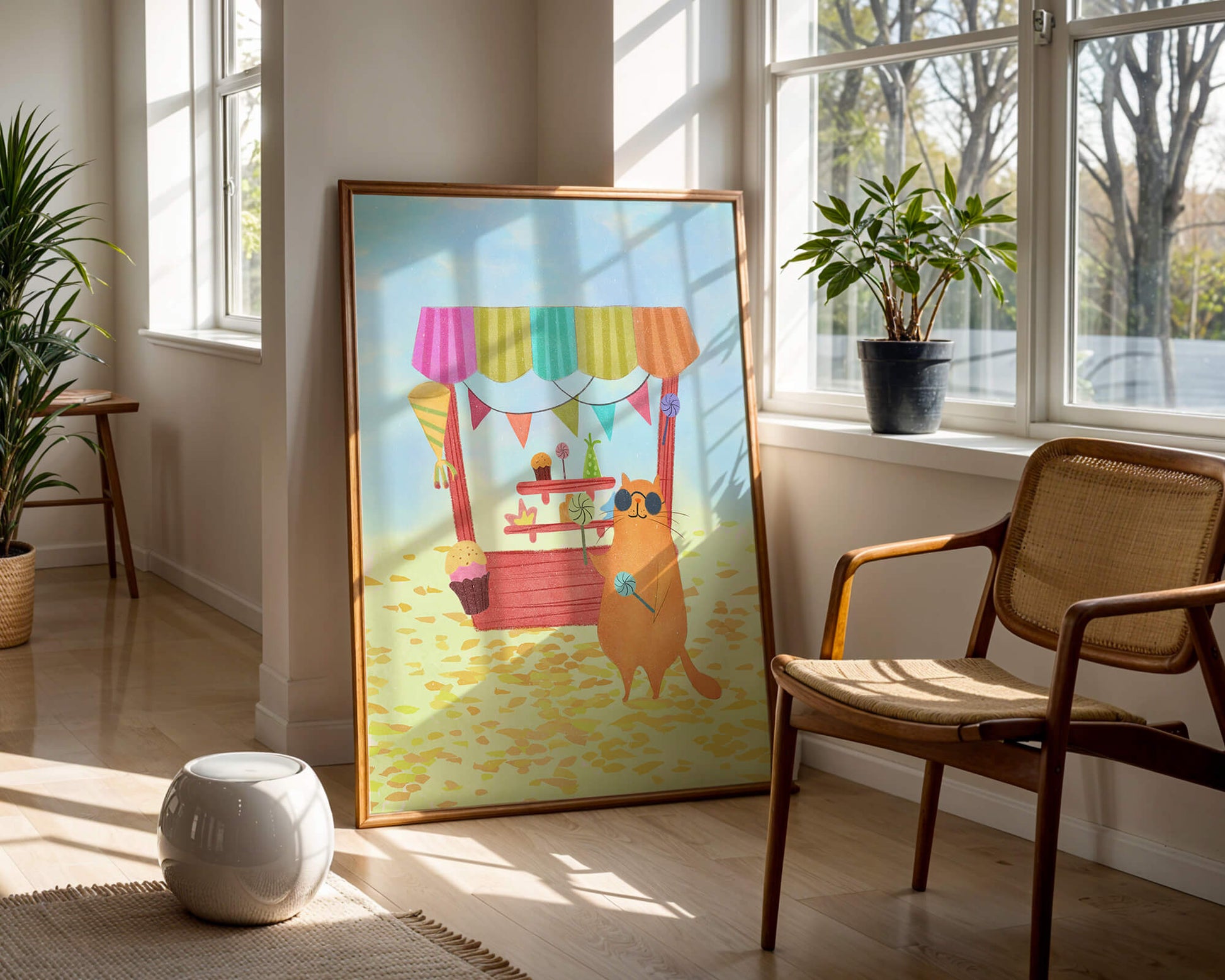 Illustrated Cat with Sunglasses at a Colorful Candy Stand